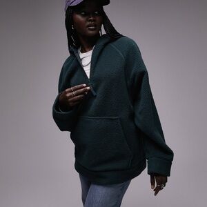 Topshop borg quarter zip fleece hoodie in teal